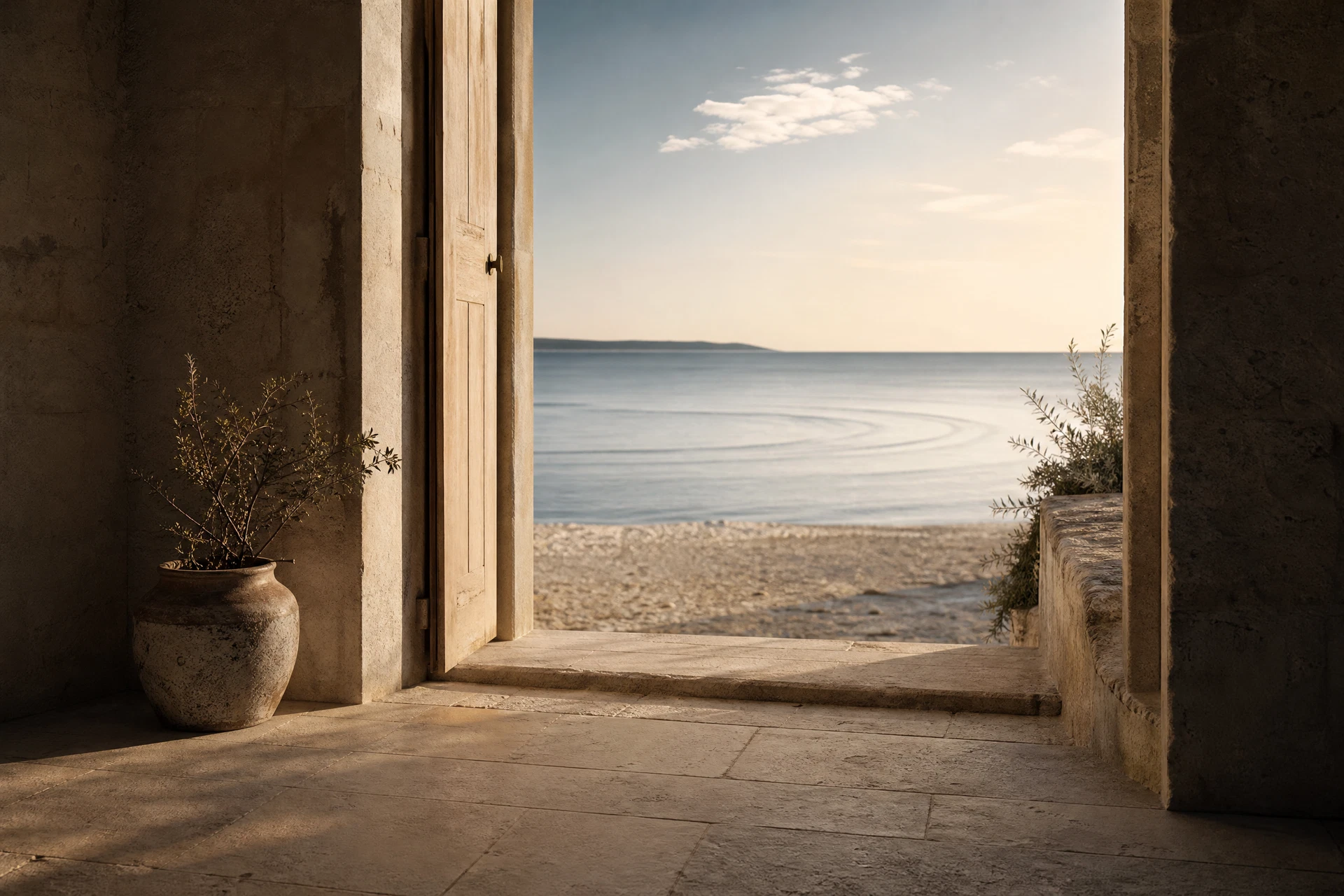 A quiet stone threshold opens toward a pale shoreline in late-afternoon light.