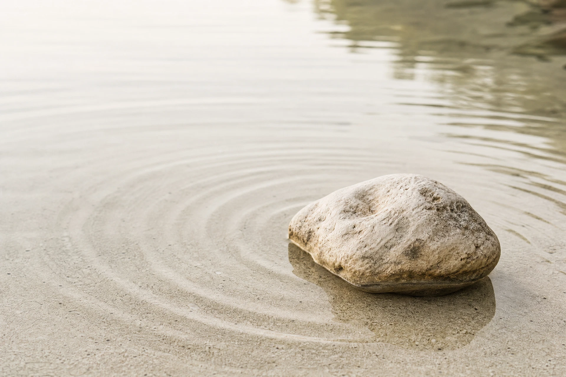 A weathered stone resting beside quiet tide lines in pale sand.