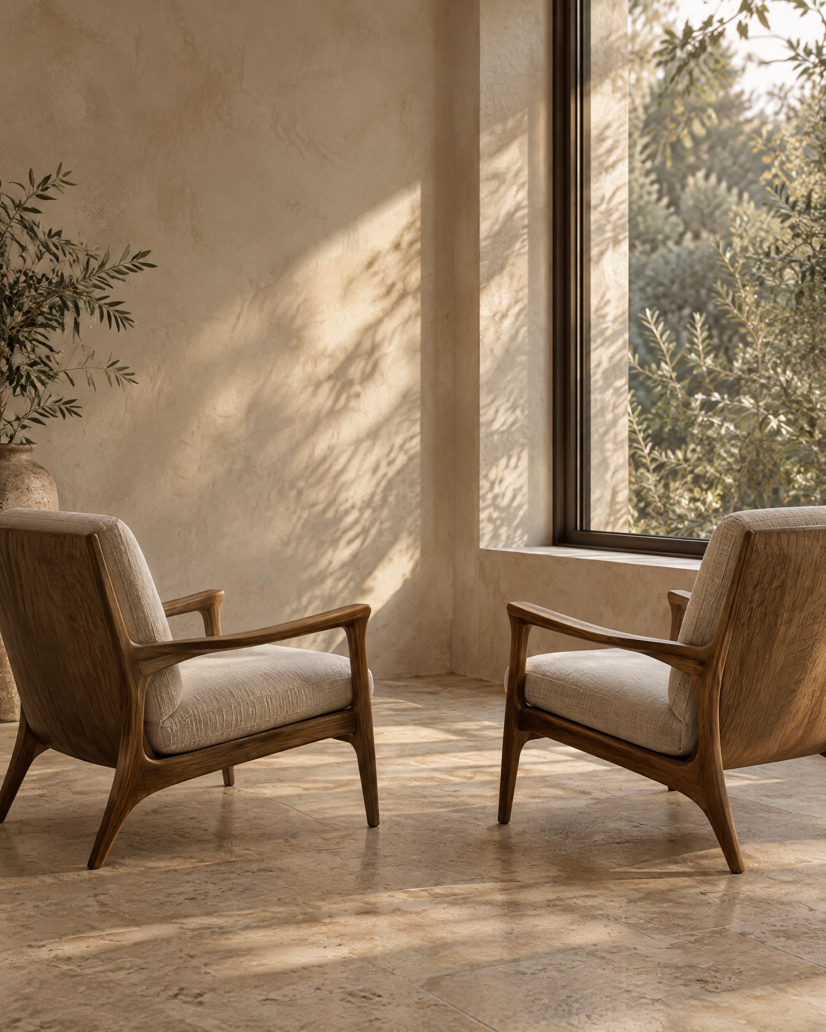 Two empty chairs angled toward each other in soft window light.