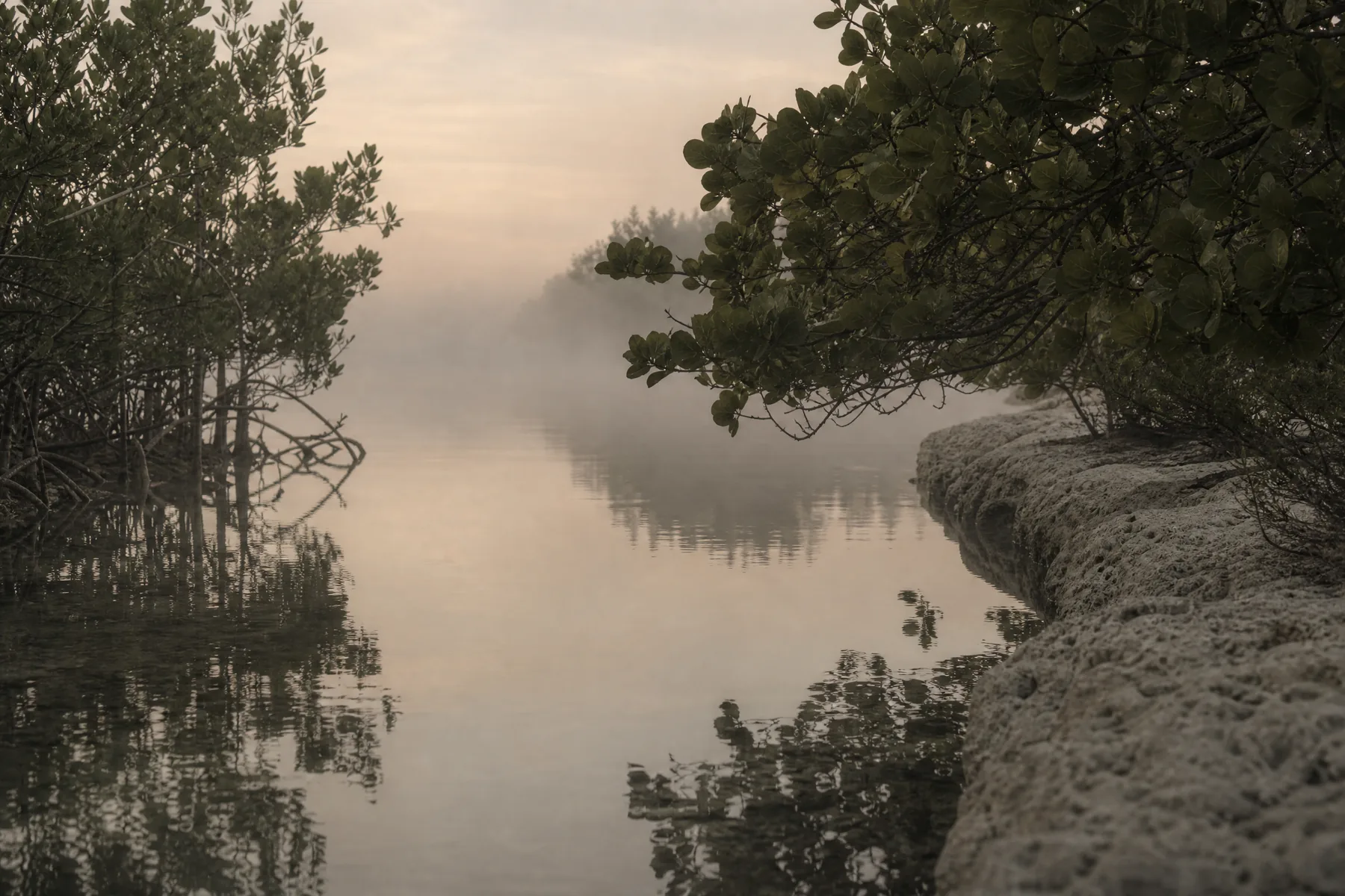 A calm narrow waterway framed by overhanging subtropical foliage at dawn.