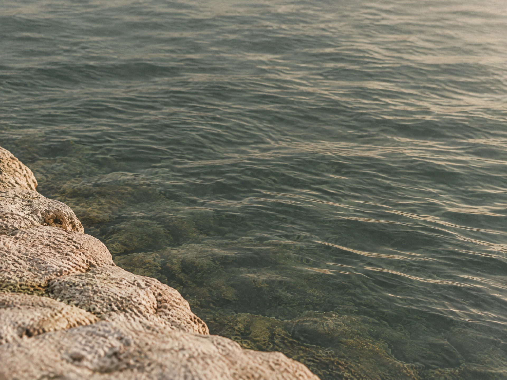 Subtle wind patterns moving across dark green water beside a quiet stone shore.