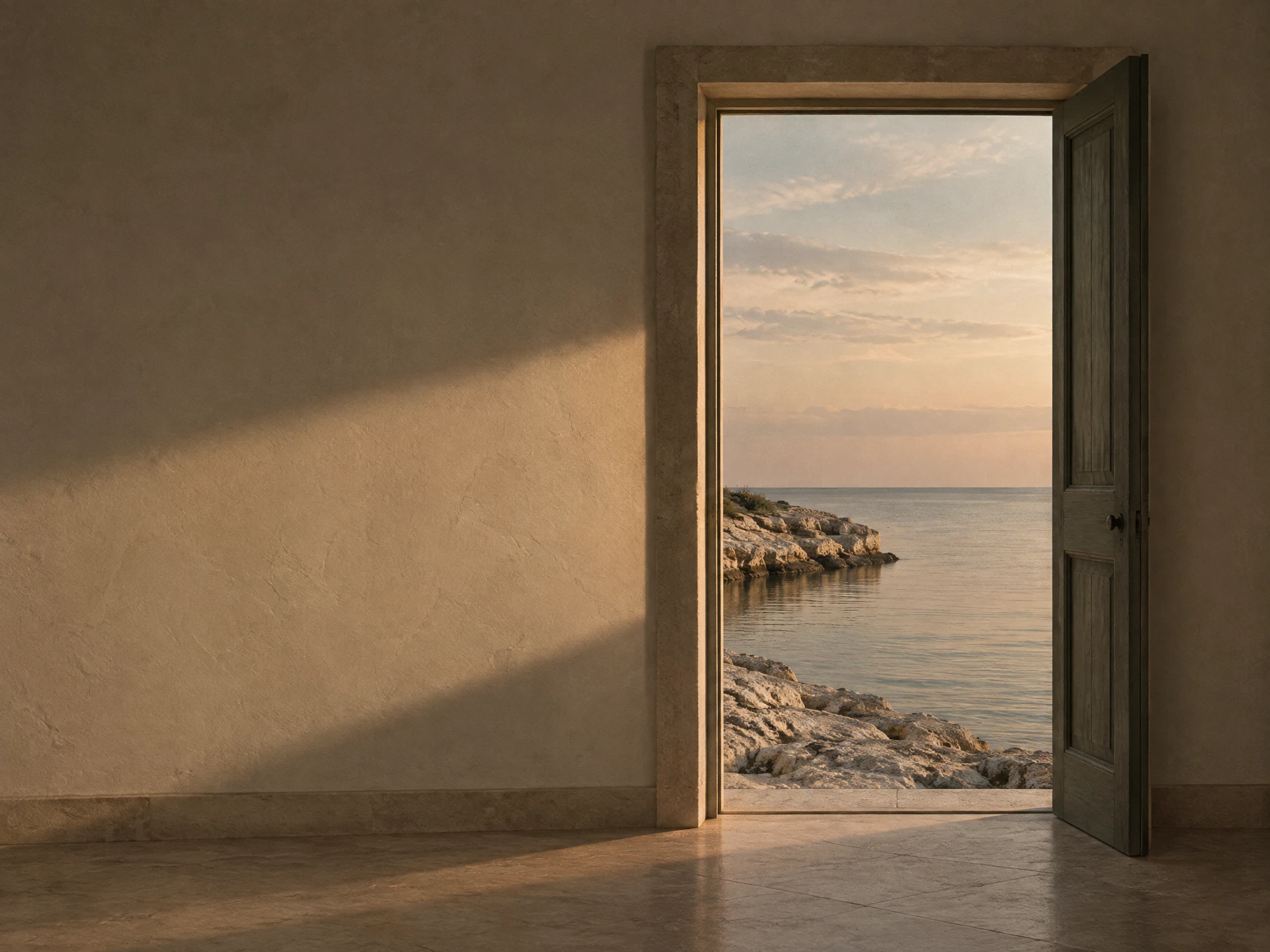 An open quiet doorway looking toward a pale shoreline at dusk.