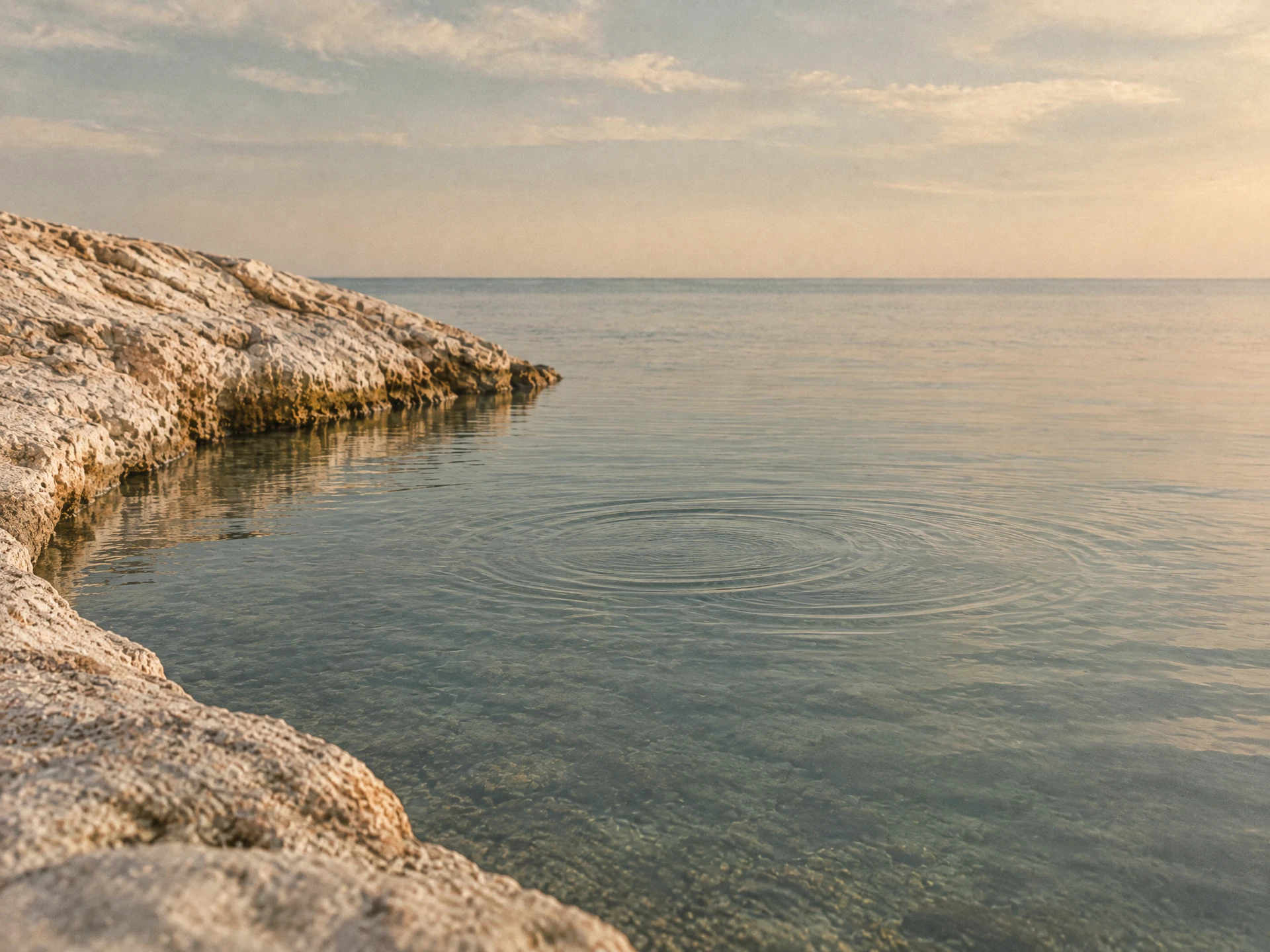Two faint overlapping rings widening across muted water near a limestone edge.