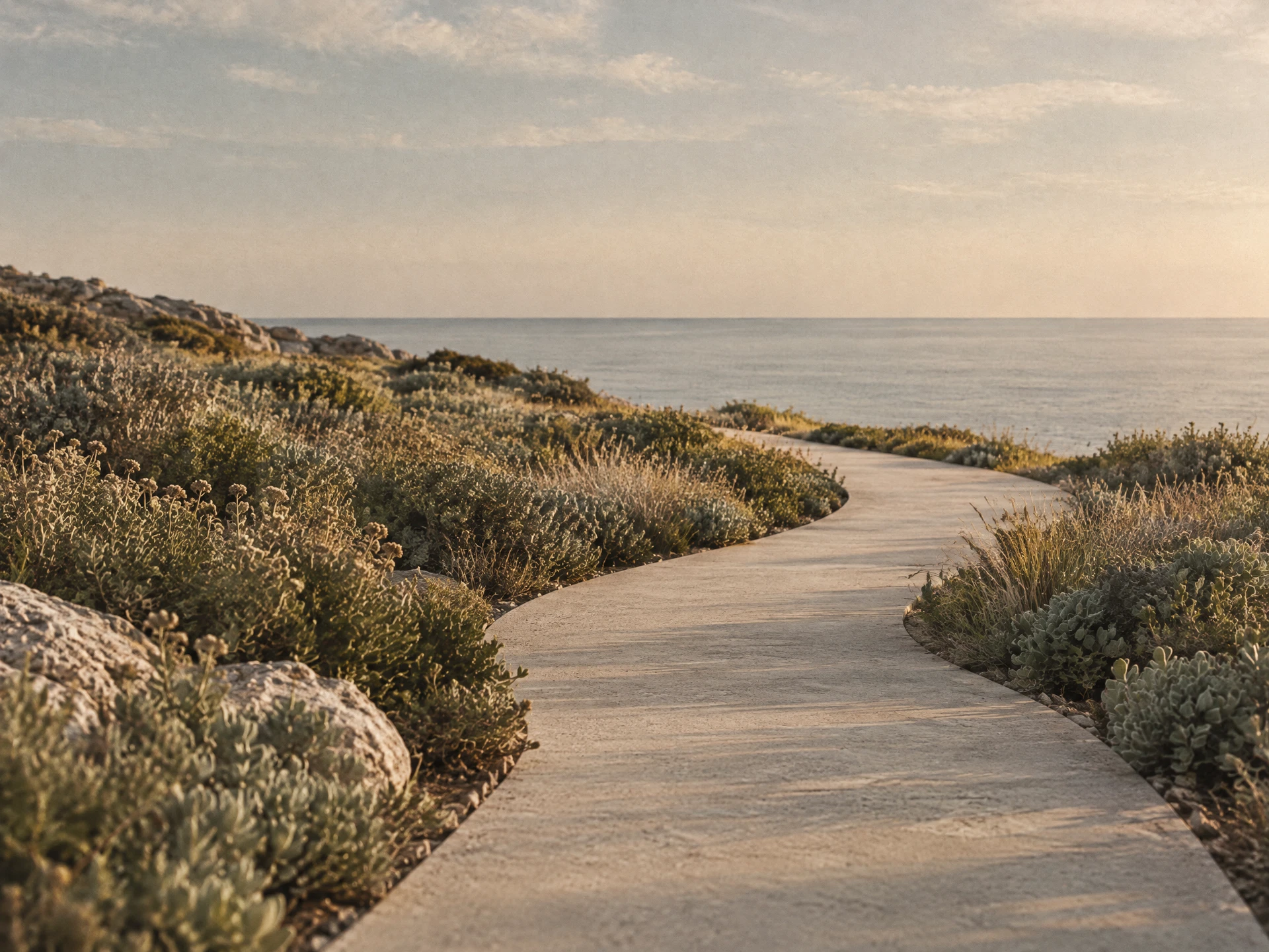 A quiet modern concrete path curving through low coastal vegetation in late-afternoon light.