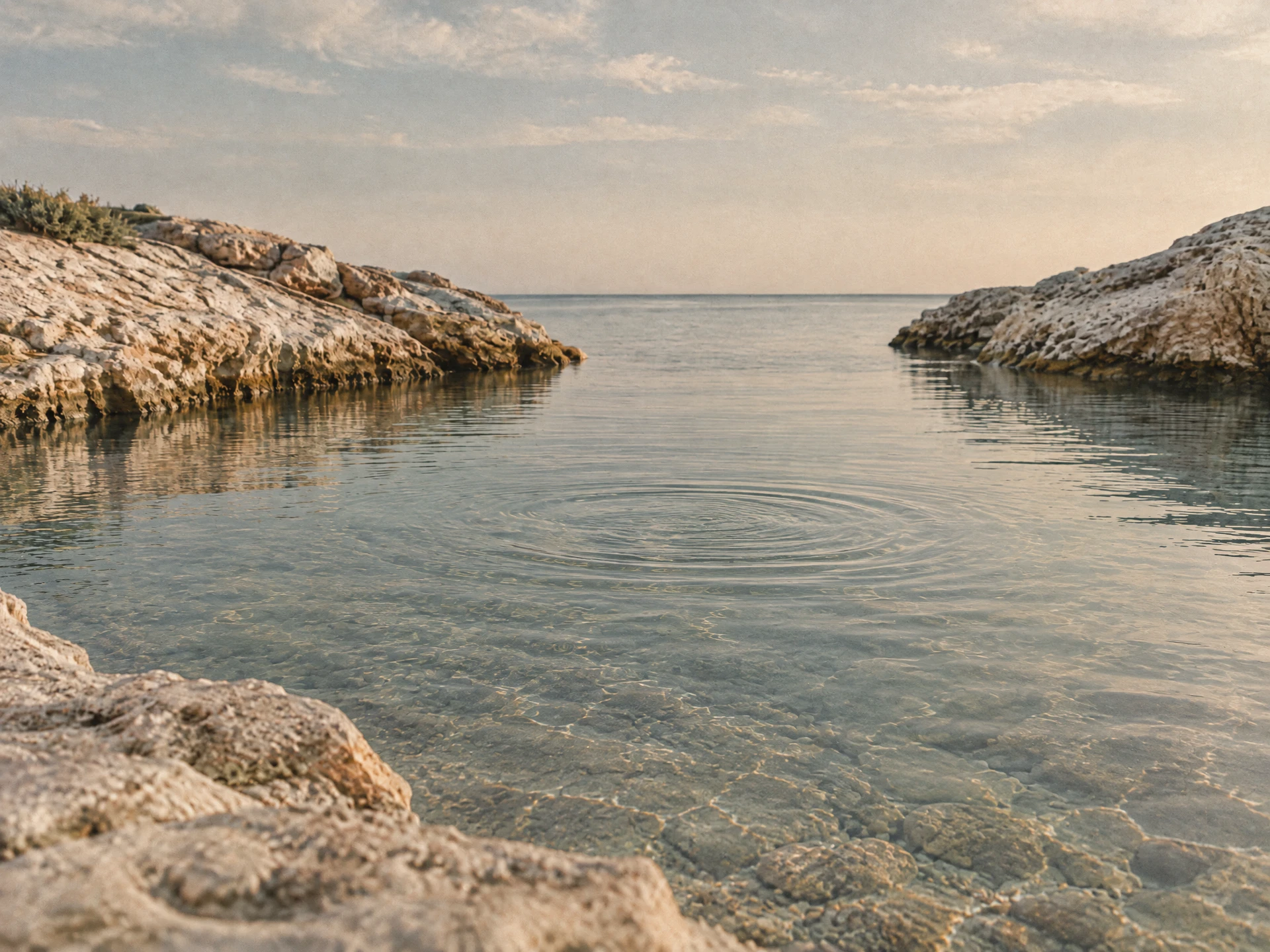 One soft ripple moving outward across clear shallow water over pale sand and stone.