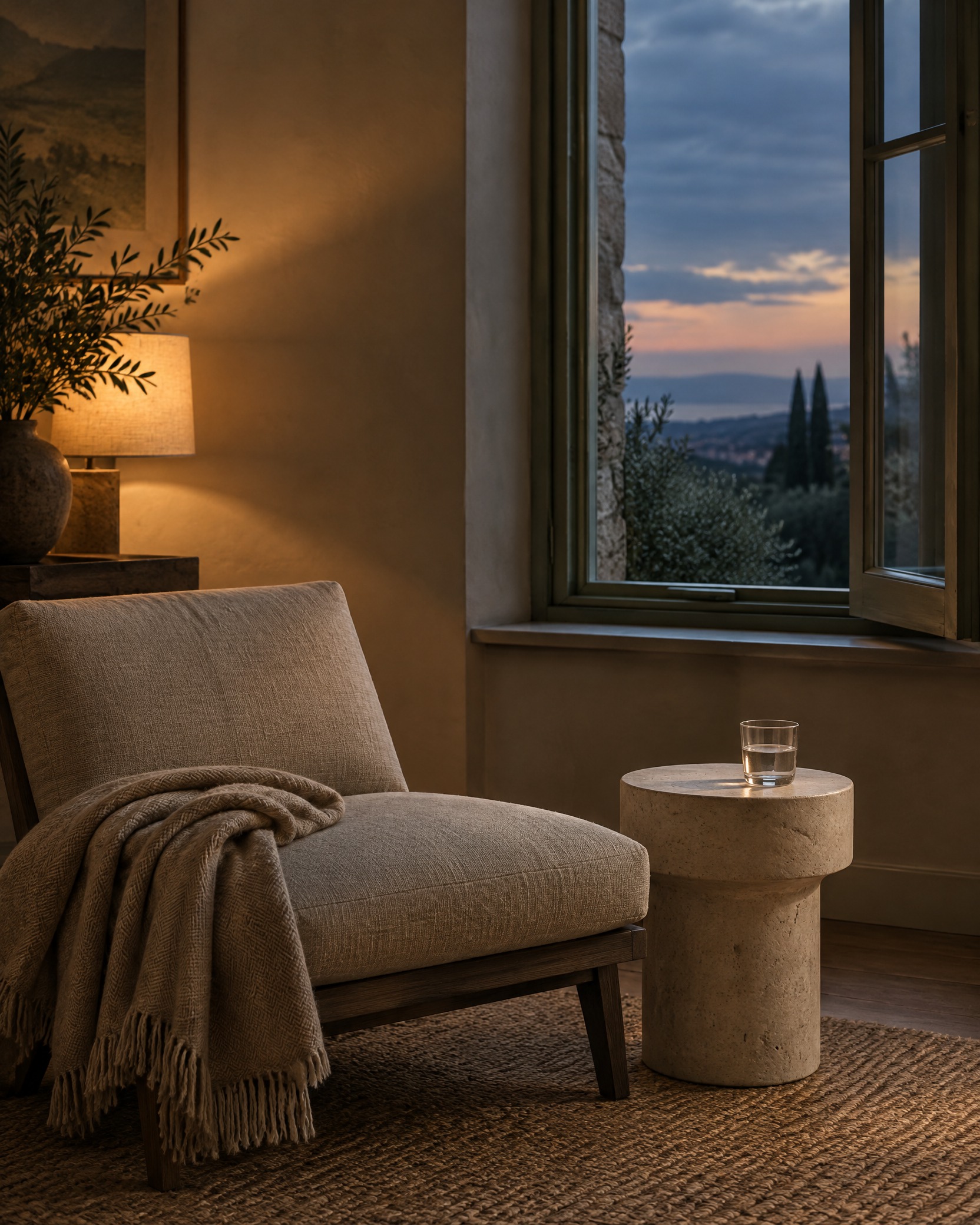 A quiet home corner at dusk with a linen chair, folded blanket, glass of water, and open window.