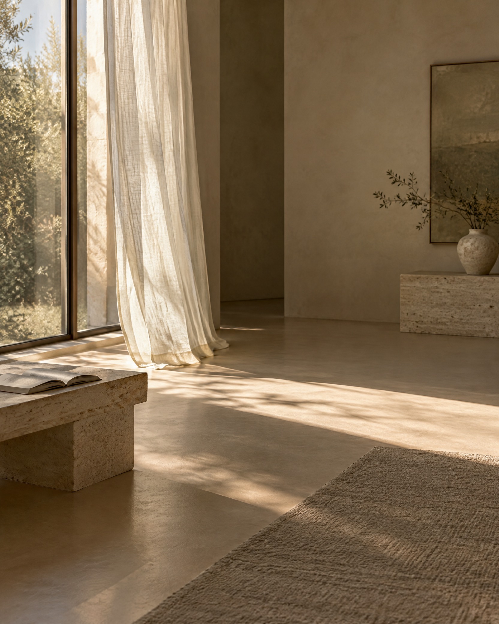 A quiet living room with an open book, linen curtain, and late-afternoon light.