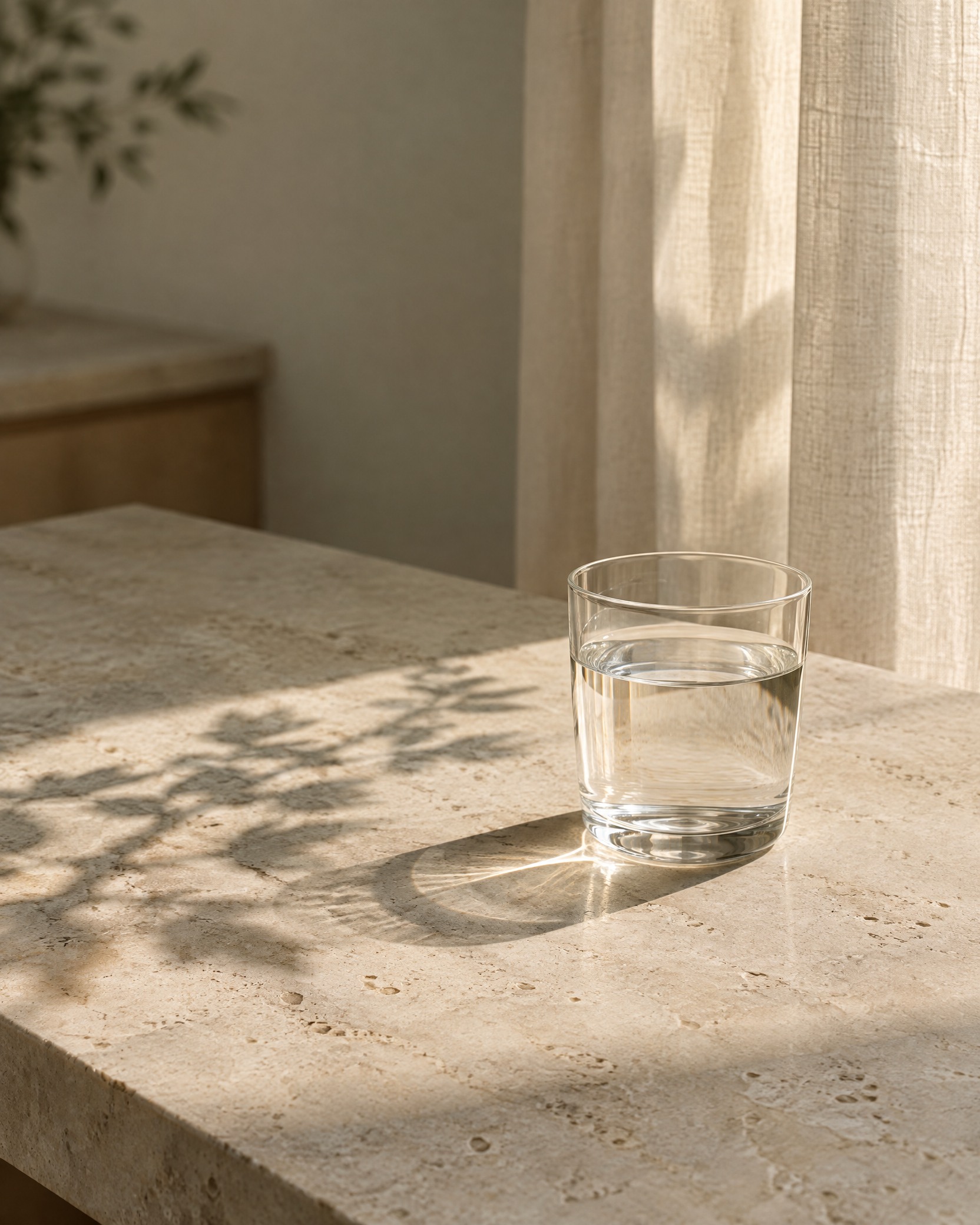 A glass of water on a pale stone table beside a linen curtain in soft evening light.