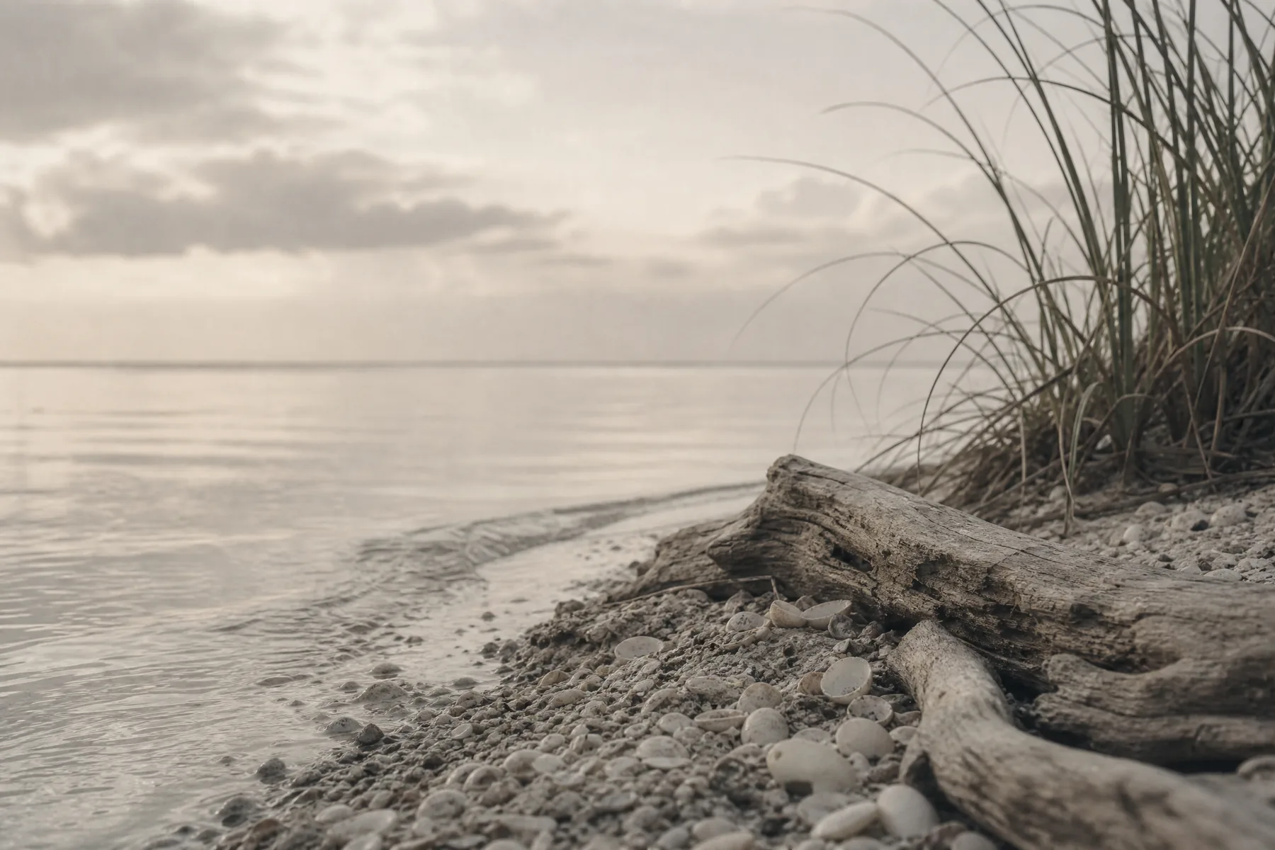 Weathered driftwood and sparse dune grass beside still silver Gulf water.