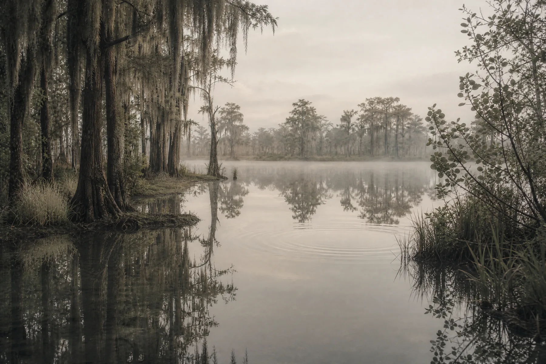 A cypress-lined freshwater lake with pale grasses reflected in still water.